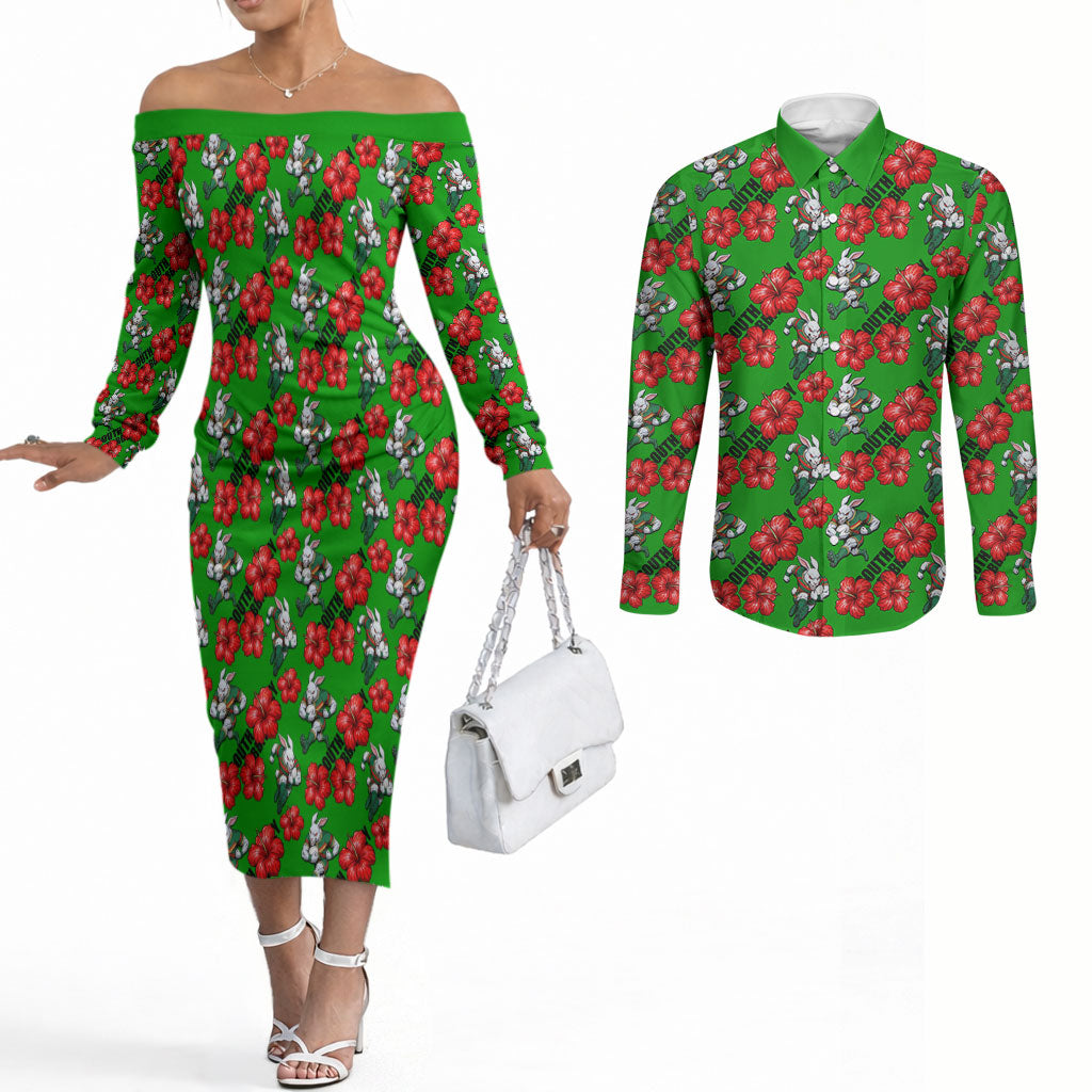 South Sydney Rabbitohs Couples Matching Off The Shoulder Long Sleeve Dress and Long Sleeve Button Shirt Tropical Hibiscus Floral Seamless Rugby Mascot