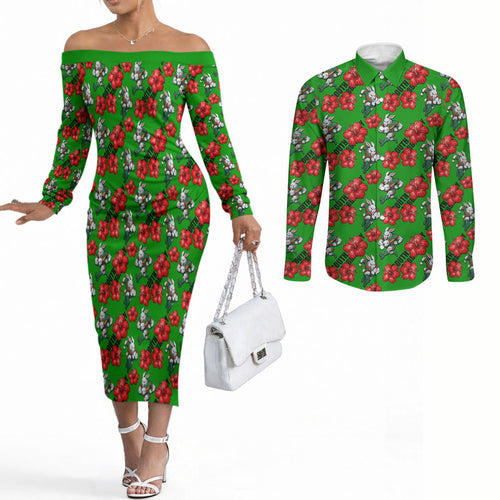 South Sydney Rabbitohs Couples Matching Off The Shoulder Long Sleeve Dress and Long Sleeve Button Shirt Tropical Hibiscus Floral Seamless Rugby Mascot