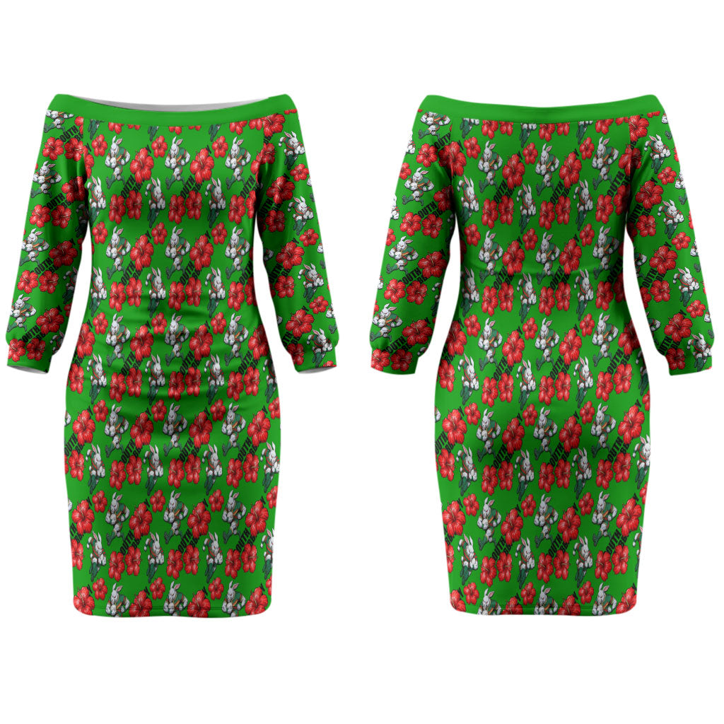 South Sydney Rabbitohs Couples Matching Off The Shoulder Long Sleeve Dress and Long Sleeve Button Shirt Tropical Hibiscus Floral Seamless Rugby Mascot