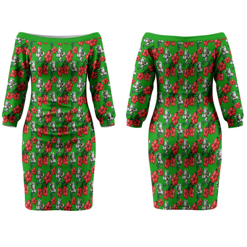 South Sydney Rabbitohs Couples Matching Off The Shoulder Long Sleeve Dress and Long Sleeve Button Shirt Tropical Hibiscus Floral Seamless Rugby Mascot
