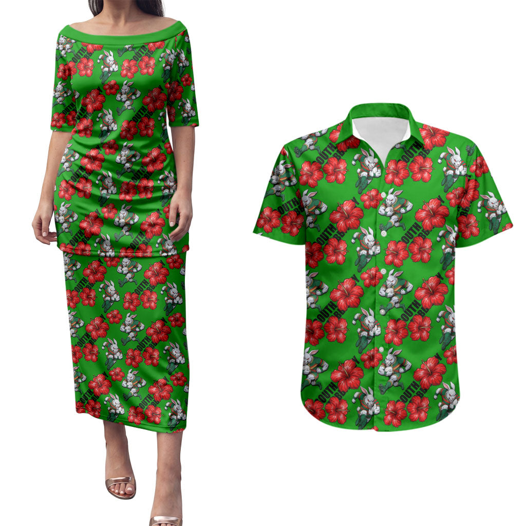 South Sydney Rabbitohs Couples Matching Puletasi and Hawaiian Shirt Tropical Hibiscus Floral Seamless Rugby Mascot