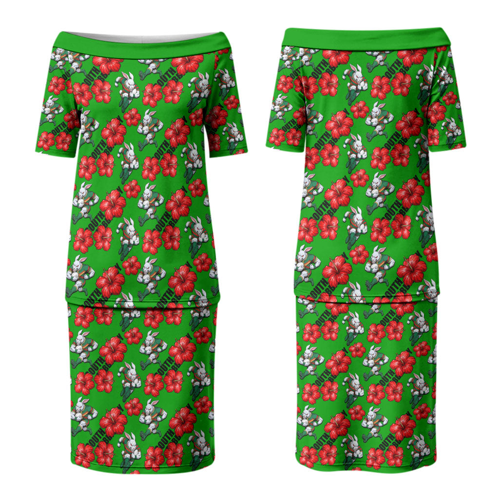 South Sydney Rabbitohs Couples Matching Puletasi and Hawaiian Shirt Tropical Hibiscus Floral Seamless Rugby Mascot