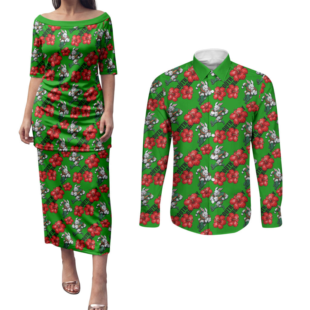 South Sydney Rabbitohs Couples Matching Puletasi and Long Sleeve Button Shirt Tropical Hibiscus Floral Seamless Rugby Mascot