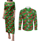 South Sydney Rabbitohs Couples Matching Puletasi and Long Sleeve Button Shirt Tropical Hibiscus Floral Seamless Rugby Mascot