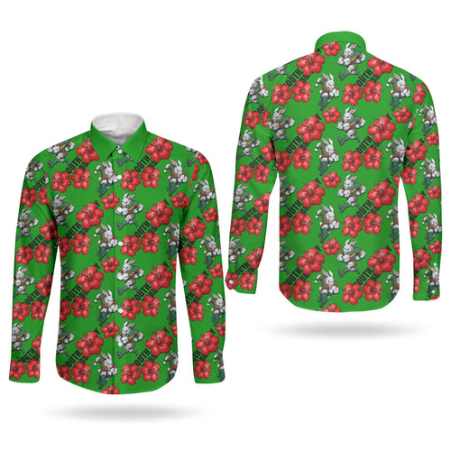 South Sydney Rabbitohs Couples Matching Puletasi and Long Sleeve Button Shirt Tropical Hibiscus Floral Seamless Rugby Mascot