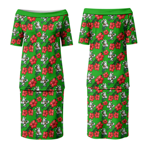 South Sydney Rabbitohs Couples Matching Puletasi and Long Sleeve Button Shirt Tropical Hibiscus Floral Seamless Rugby Mascot