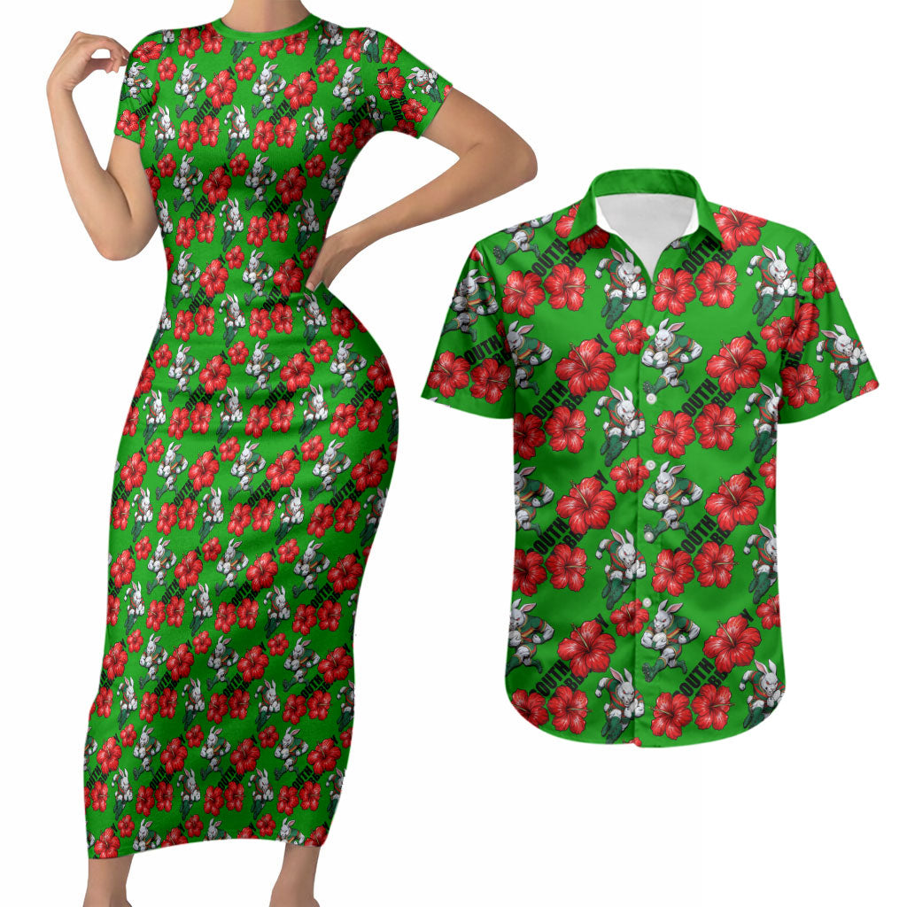 South Sydney Rabbitohs Couples Matching Short Sleeve Bodycon Dress and Hawaiian Shirt Tropical Hibiscus Floral Seamless Rugby Mascot