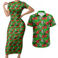 South Sydney Rabbitohs Couples Matching Short Sleeve Bodycon Dress and Hawaiian Shirt Tropical Hibiscus Floral Seamless Rugby Mascot