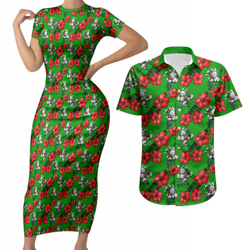 South Sydney Rabbitohs Couples Matching Short Sleeve Bodycon Dress and Hawaiian Shirt Tropical Hibiscus Floral Seamless Rugby Mascot