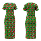 South Sydney Rabbitohs Couples Matching Short Sleeve Bodycon Dress and Hawaiian Shirt Tropical Hibiscus Floral Seamless Rugby Mascot