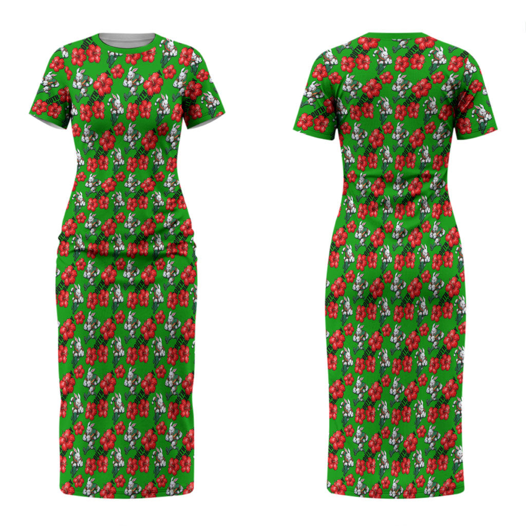 South Sydney Rabbitohs Couples Matching Short Sleeve Bodycon Dress and Hawaiian Shirt Tropical Hibiscus Floral Seamless Rugby Mascot