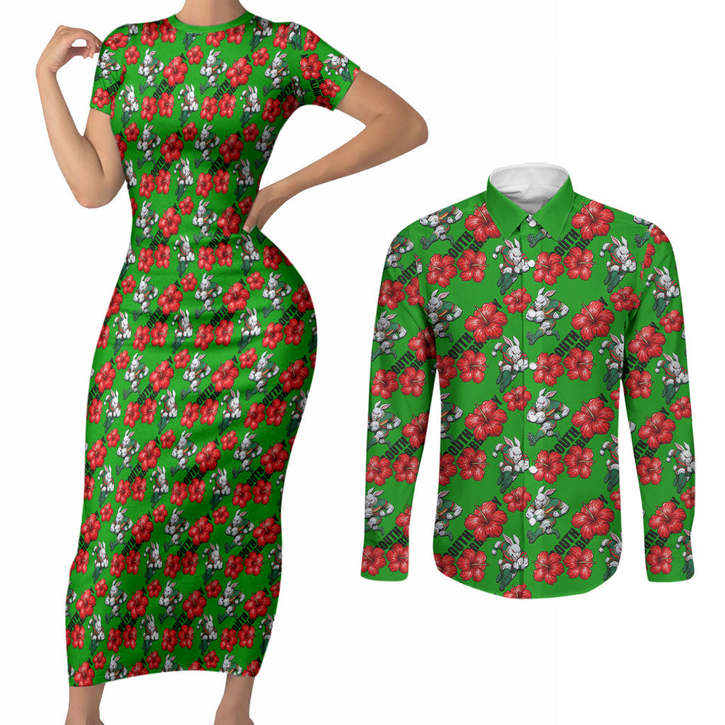 South Sydney Rabbitohs Couples Matching Short Sleeve Bodycon Dress and Long Sleeve Button Shirt Tropical Hibiscus Floral Seamless Rugby Mascot