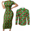 South Sydney Rabbitohs Couples Matching Short Sleeve Bodycon Dress and Long Sleeve Button Shirt Tropical Hibiscus Floral Seamless Rugby Mascot