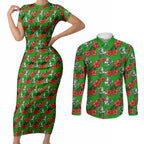South Sydney Rabbitohs Couples Matching Short Sleeve Bodycon Dress and Long Sleeve Button Shirt Tropical Hibiscus Floral Seamless Rugby Mascot