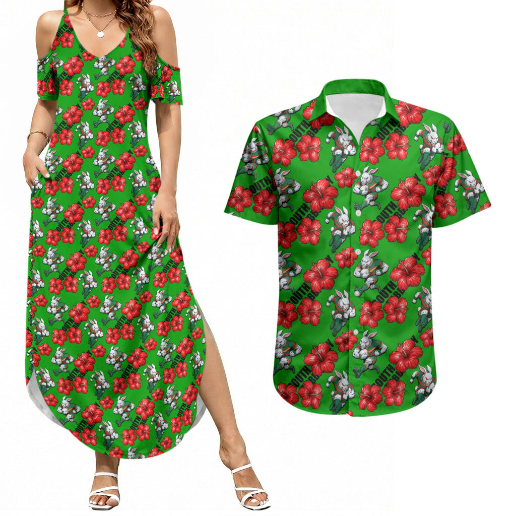 South Sydney Rabbitohs Couples Matching Summer Maxi Dress and Hawaiian Shirt Tropical Hibiscus Floral Seamless Rugby Mascot