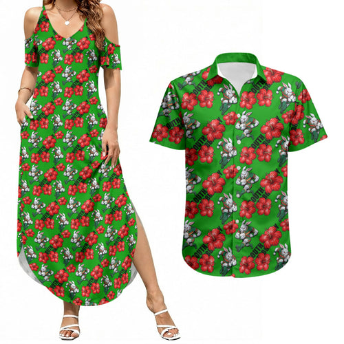 South Sydney Rabbitohs Couples Matching Summer Maxi Dress and Hawaiian Shirt Tropical Hibiscus Floral Seamless Rugby Mascot