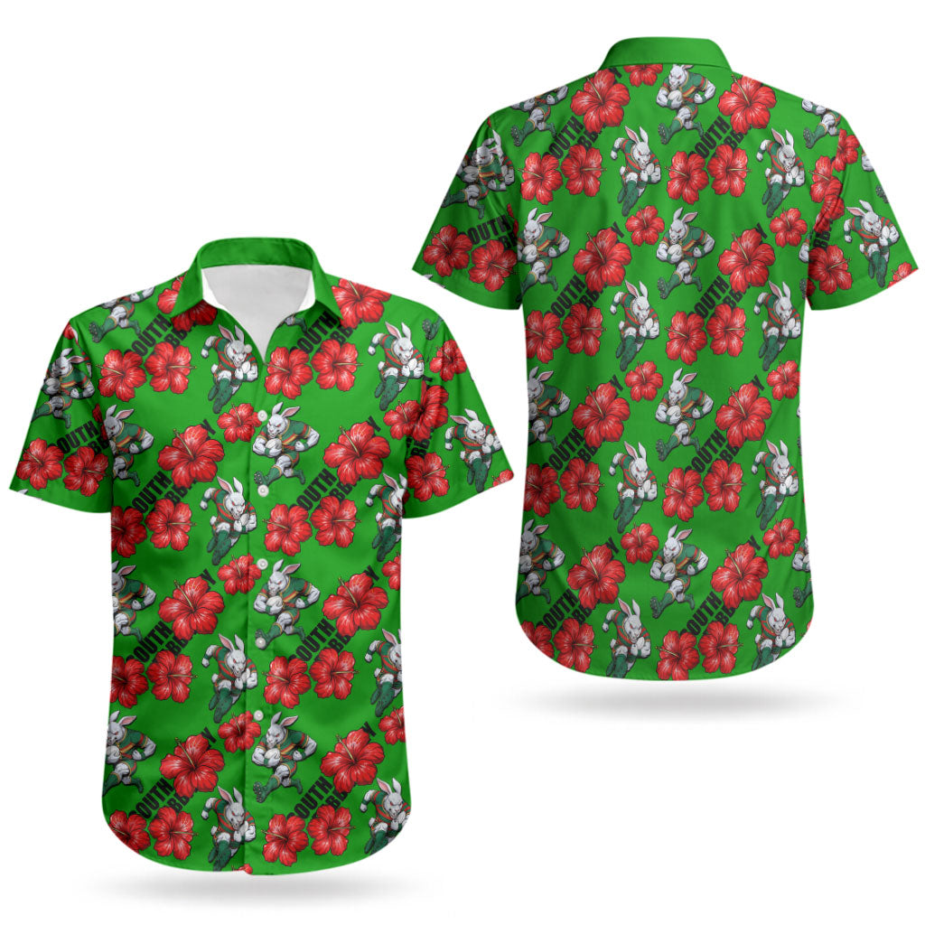 South Sydney Rabbitohs Couples Matching Summer Maxi Dress and Hawaiian Shirt Tropical Hibiscus Floral Seamless Rugby Mascot