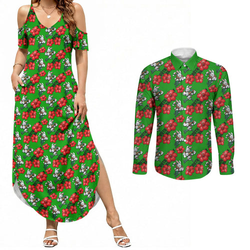 South Sydney Rabbitohs Couples Matching Summer Maxi Dress and Long Sleeve Button Shirt Tropical Hibiscus Floral Seamless Rugby Mascot