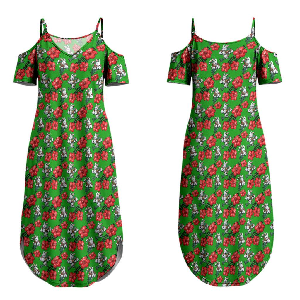 South Sydney Rabbitohs Couples Matching Summer Maxi Dress and Long Sleeve Button Shirt Tropical Hibiscus Floral Seamless Rugby Mascot