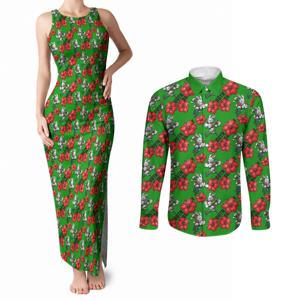 South Sydney Rabbitohs Couples Matching Tank Maxi Dress and Long Sleeve Button Shirt Tropical Hibiscus Floral Seamless Rugby Mascot