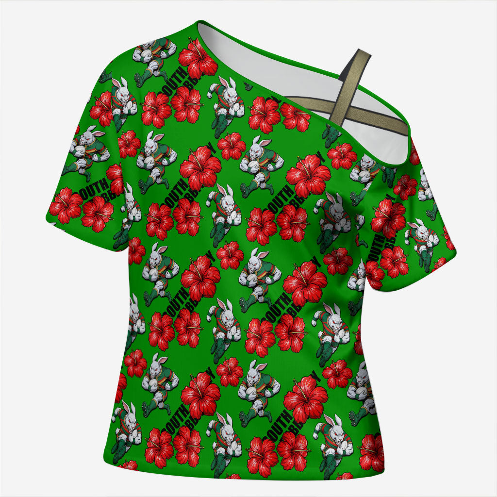 South Sydney Rabbitohs Cross Shoulder Shirt Tropical Hibiscus Floral Seamless Rugby Mascot