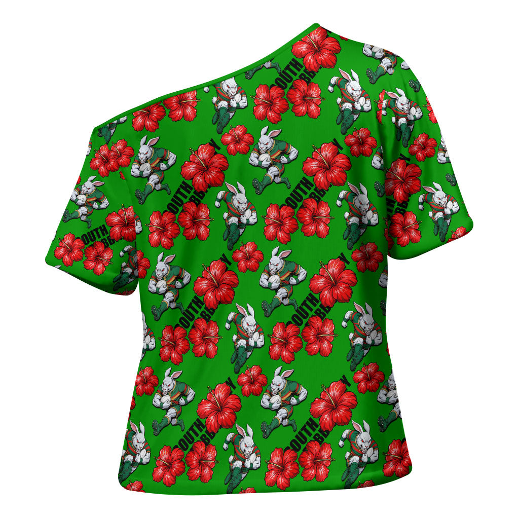 South Sydney Rabbitohs Cross Shoulder Shirt Tropical Hibiscus Floral Seamless Rugby Mascot