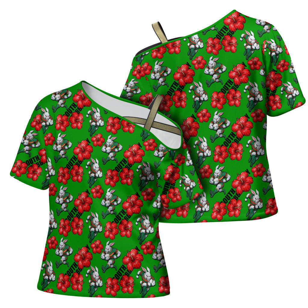 South Sydney Rabbitohs Cross Shoulder Shirt Tropical Hibiscus Floral Seamless Rugby Mascot