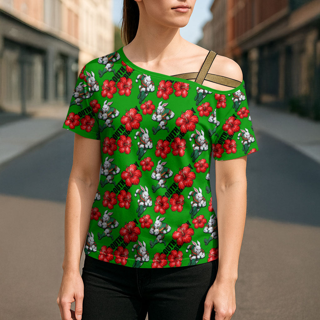 South Sydney Rabbitohs Cross Shoulder Shirt Tropical Hibiscus Floral Seamless Rugby Mascot