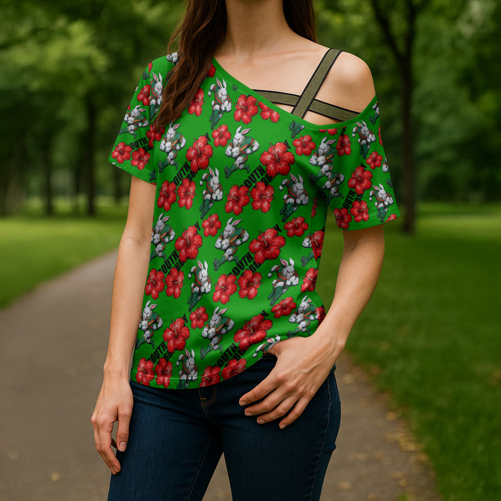 South Sydney Rabbitohs Cross Shoulder Shirt Tropical Hibiscus Floral Seamless Rugby Mascot