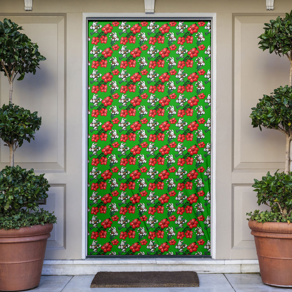 South Sydney Rabbitohs Door Cover Tropical Hibiscus Floral Seamless Rugby Mascot