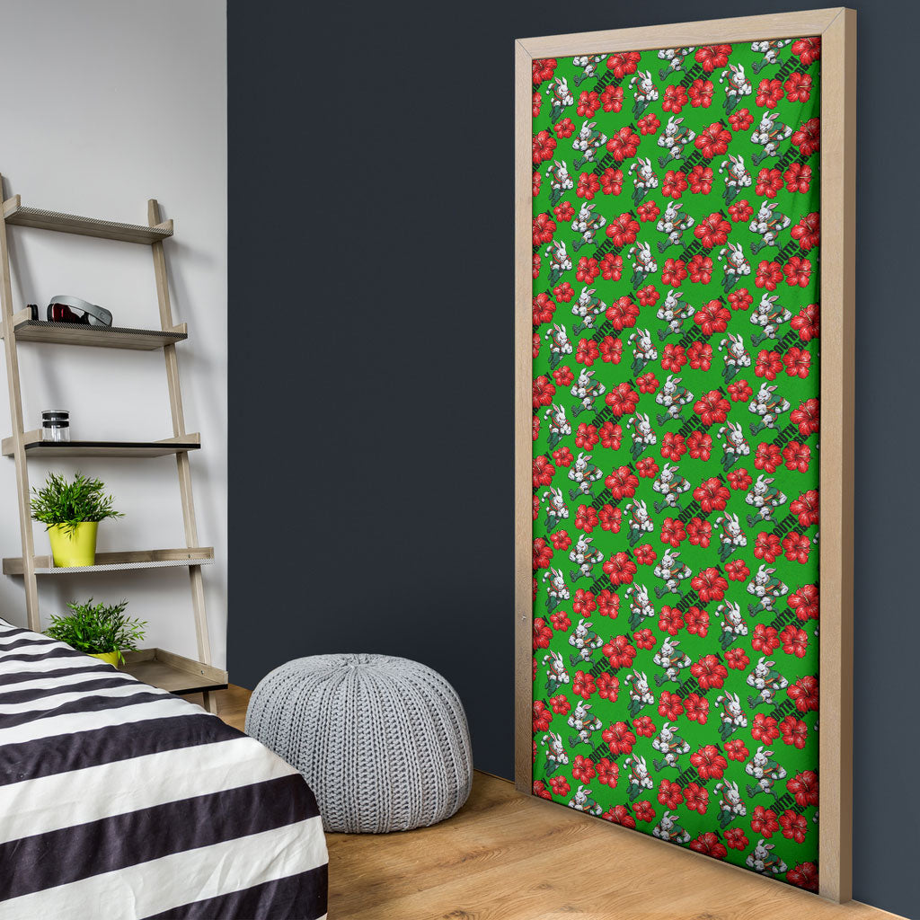 South Sydney Rabbitohs Door Cover Tropical Hibiscus Floral Seamless Rugby Mascot