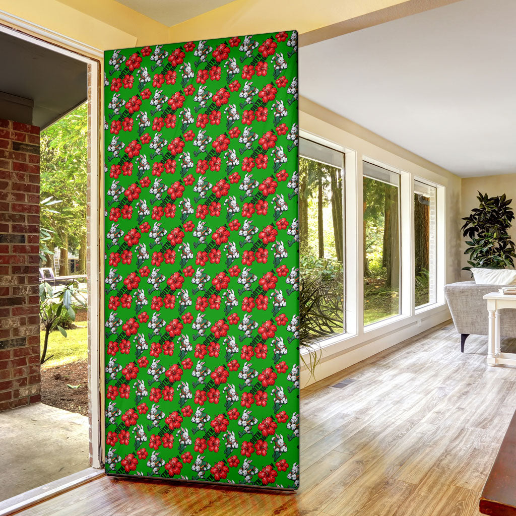 South Sydney Rabbitohs Door Cover Tropical Hibiscus Floral Seamless Rugby Mascot