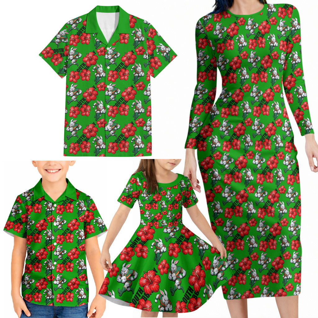 South Sydney Rabbitohs Family Matching Long Sleeve Bodycon Dress and Hawaiian Shirt Tropical Hibiscus Floral Seamless Rugby Mascot