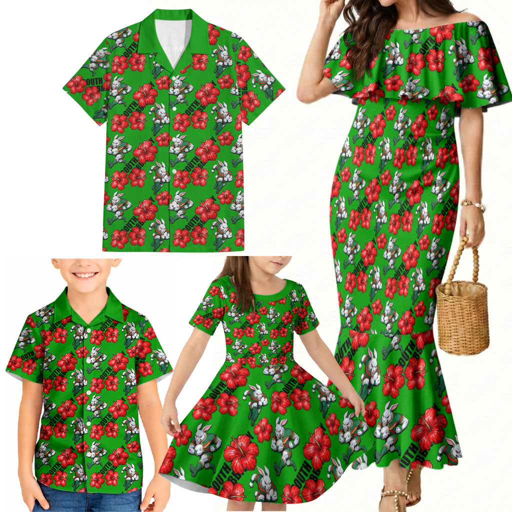 South Sydney Rabbitohs Family Matching Mermaid Dress and Hawaiian Shirt Tropical Hibiscus Floral Seamless Rugby Mascot