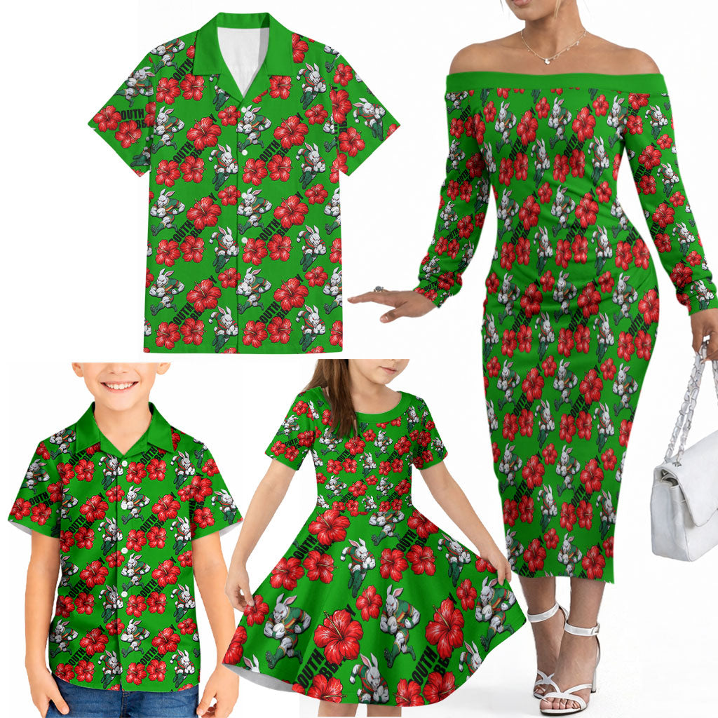 South Sydney Rabbitohs Family Matching Off The Shoulder Long Sleeve Dress and Hawaiian Shirt Tropical Hibiscus Floral Seamless Rugby Mascot
