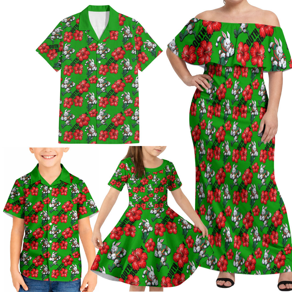 South Sydney Rabbitohs Family Matching Off Shoulder Maxi Dress and Hawaiian Shirt Tropical Hibiscus Floral Seamless Rugby Mascot
