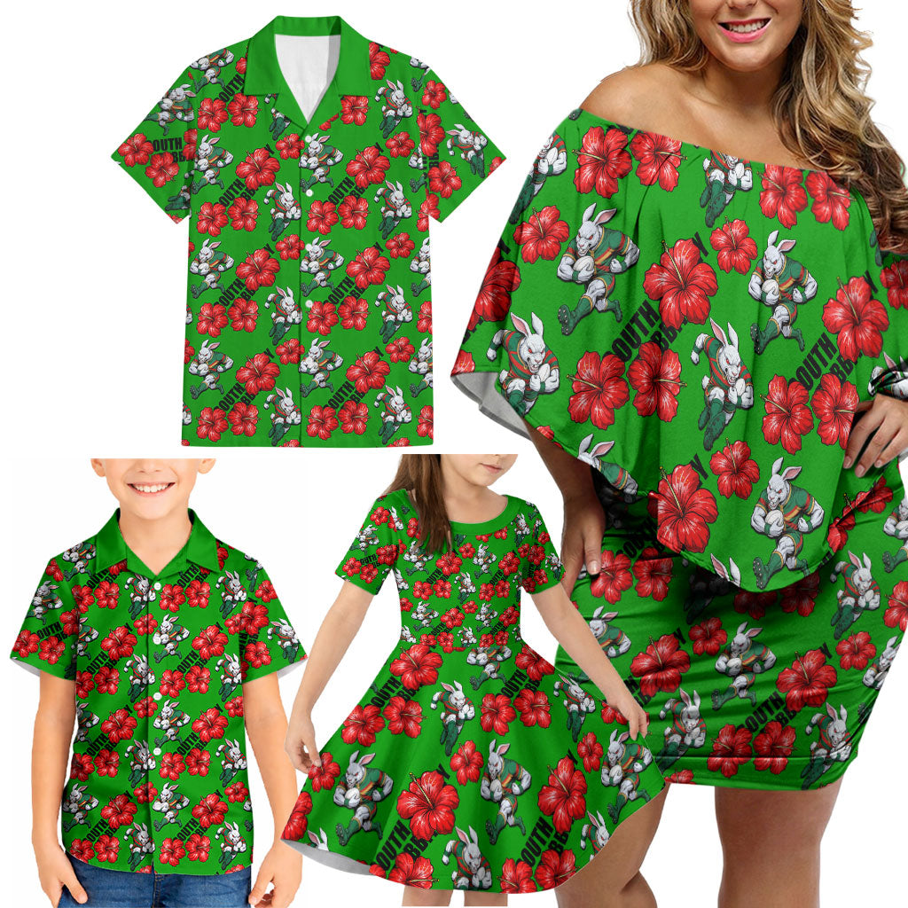 South Sydney Rabbitohs Family Matching Off Shoulder Short Dress and Hawaiian Shirt Tropical Hibiscus Floral Seamless Rugby Mascot