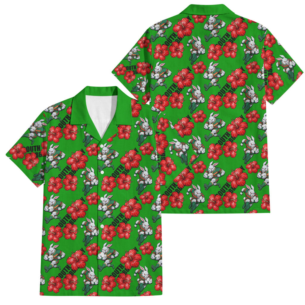 South Sydney Rabbitohs Family Matching Off Shoulder Short Dress and Hawaiian Shirt Tropical Hibiscus Floral Seamless Rugby Mascot