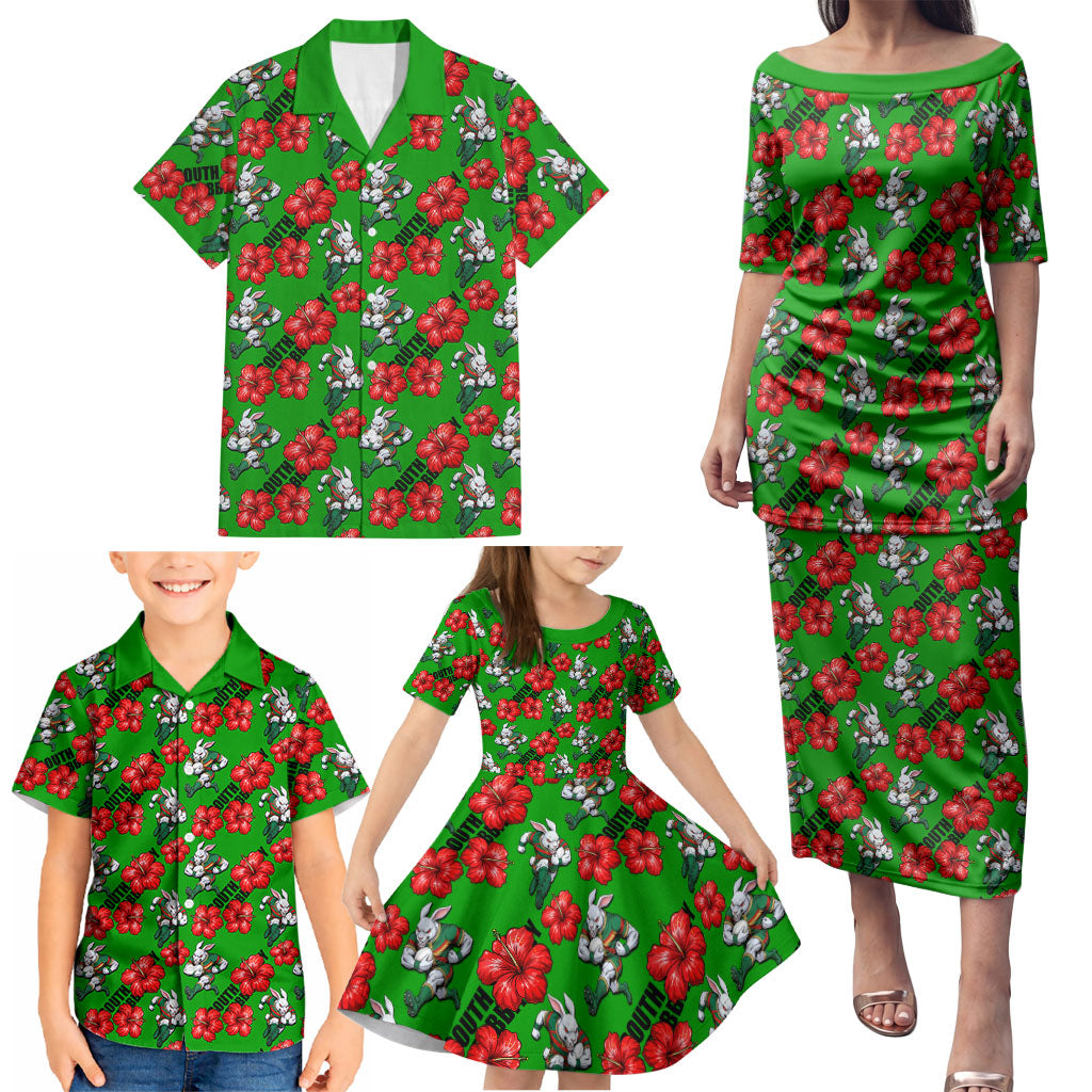 South Sydney Rabbitohs Family Matching Puletasi and Hawaiian Shirt Tropical Hibiscus Floral Seamless Rugby Mascot