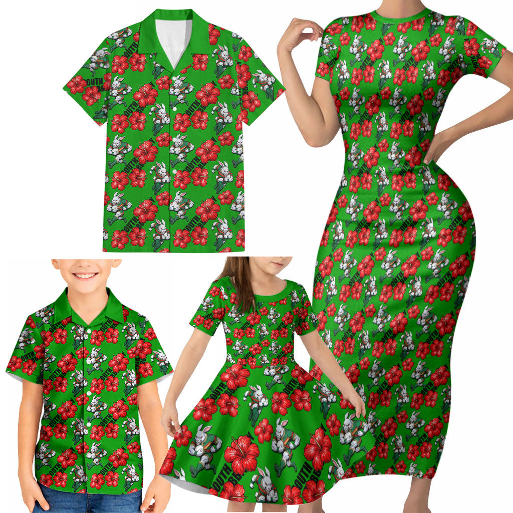 South Sydney Rabbitohs Family Matching Short Sleeve Bodycon Dress and Hawaiian Shirt Tropical Hibiscus Floral Seamless Rugby Mascot