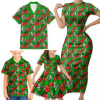 South Sydney Rabbitohs Family Matching Short Sleeve Bodycon Dress and Hawaiian Shirt Tropical Hibiscus Floral Seamless Rugby Mascot