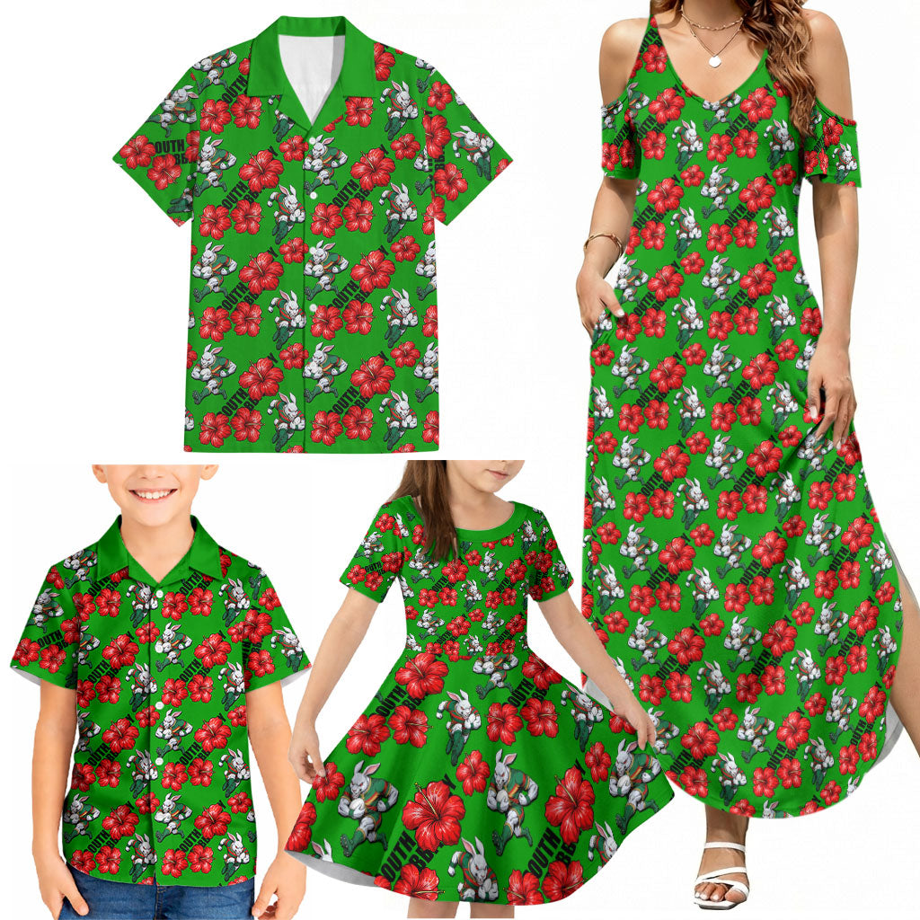 South Sydney Rabbitohs Family Matching Summer Maxi Dress and Hawaiian Shirt Tropical Hibiscus Floral Seamless Rugby Mascot