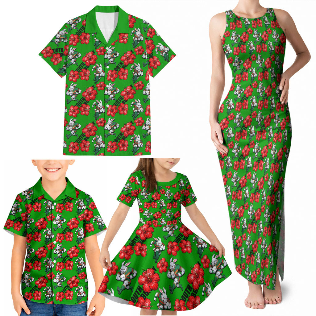 South Sydney Rabbitohs Family Matching Tank Maxi Dress and Hawaiian Shirt Tropical Hibiscus Floral Seamless Rugby Mascot