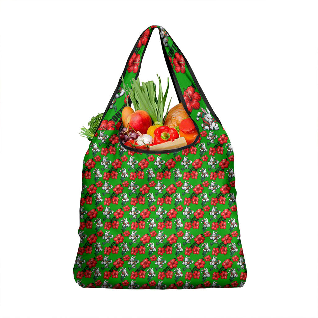 South Sydney Rabbitohs Grocery Bag Tropical Hibiscus Floral Seamless Rugby Mascot