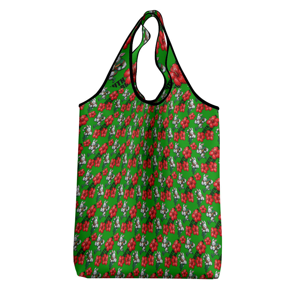 South Sydney Rabbitohs Grocery Bag Tropical Hibiscus Floral Seamless Rugby Mascot