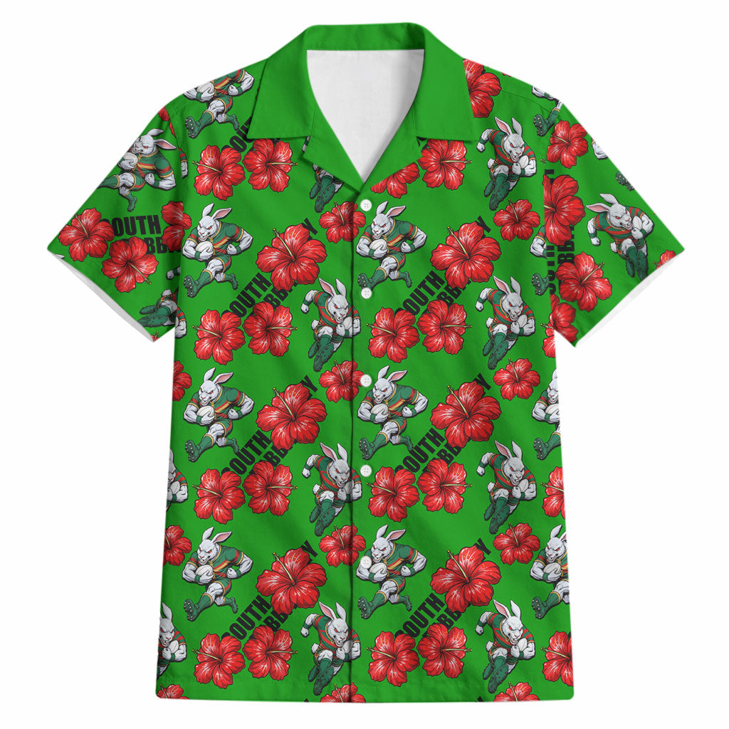 South Sydney Rabbitohs Hawaiian Shirt Tropical Hibiscus Floral Seamless Rugby Mascot