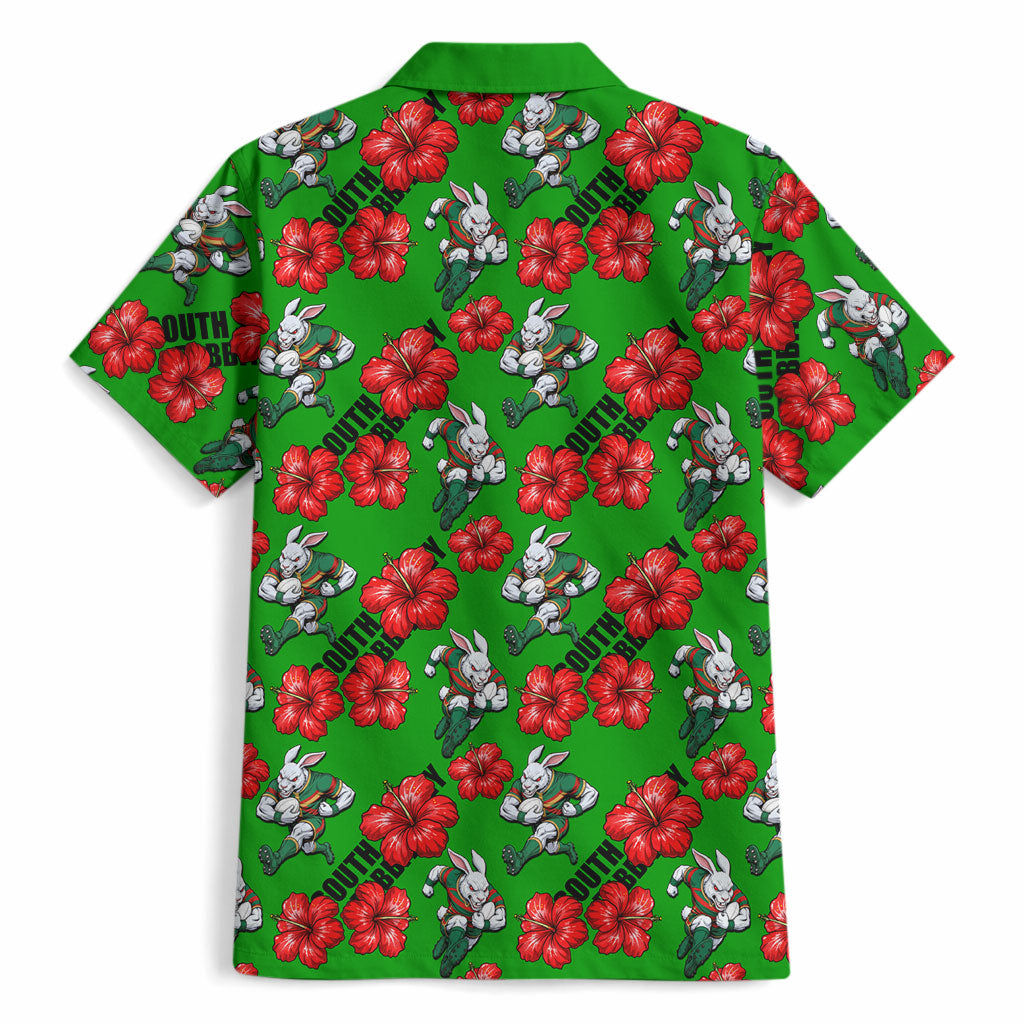 South Sydney Rabbitohs Hawaiian Shirt Tropical Hibiscus Floral Seamless Rugby Mascot