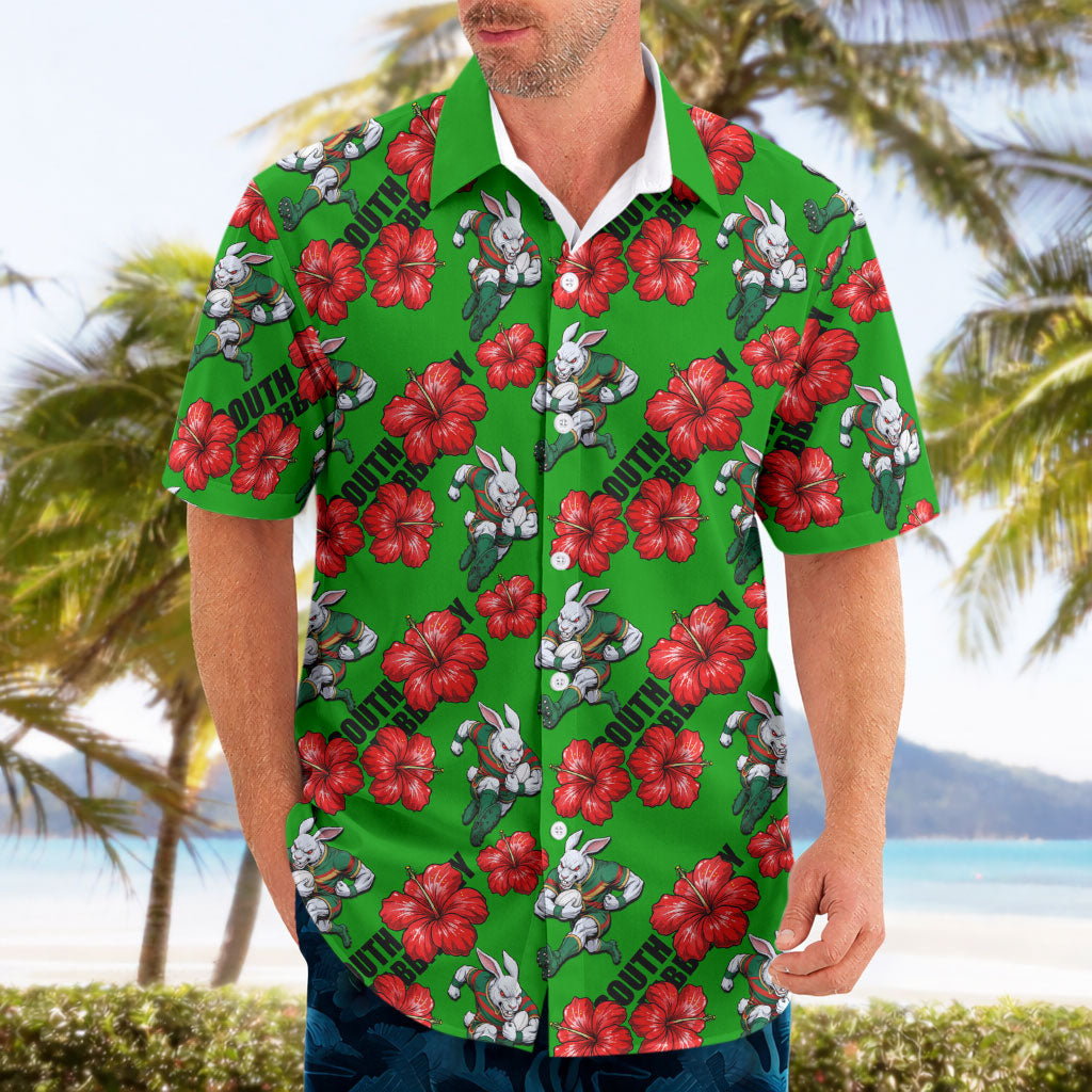 South Sydney Rabbitohs Hawaiian Shirt Tropical Hibiscus Floral Seamless Rugby Mascot
