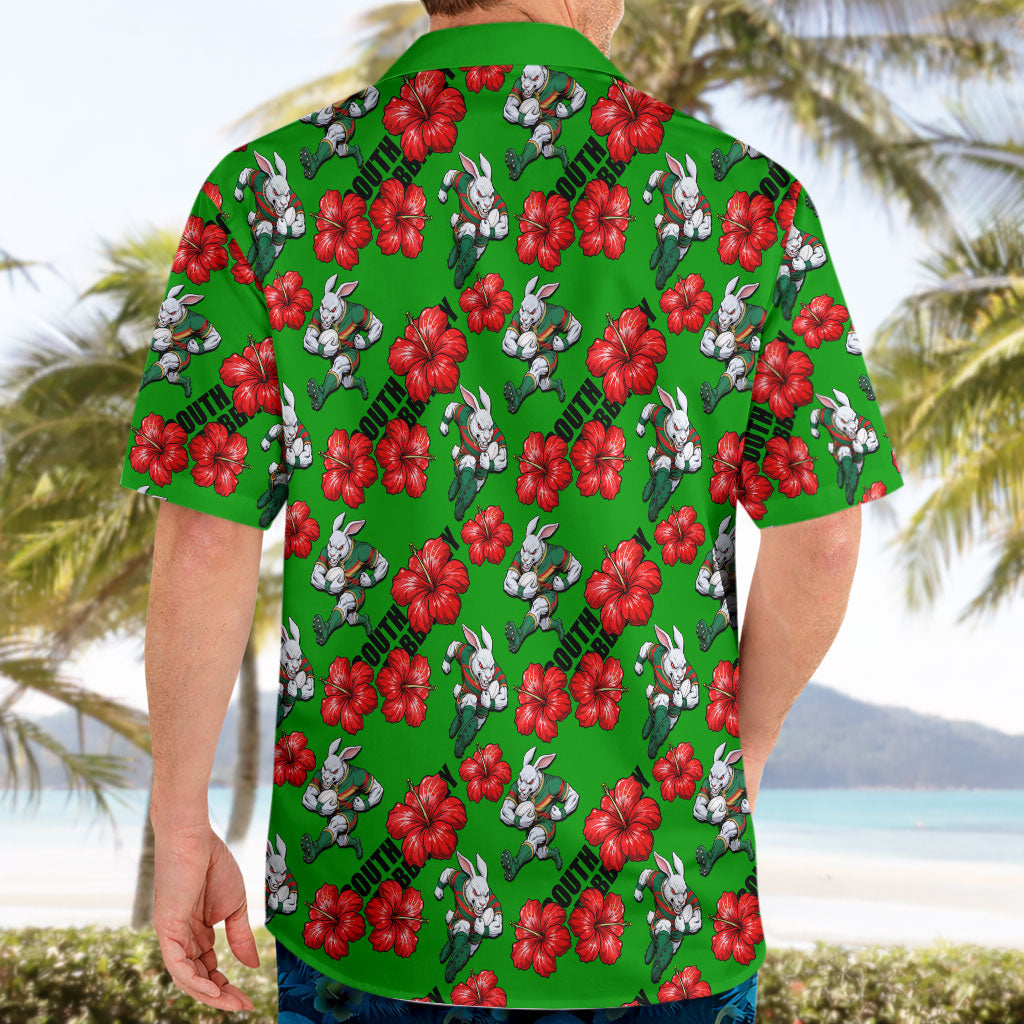 South Sydney Rabbitohs Hawaiian Shirt Tropical Hibiscus Floral Seamless Rugby Mascot