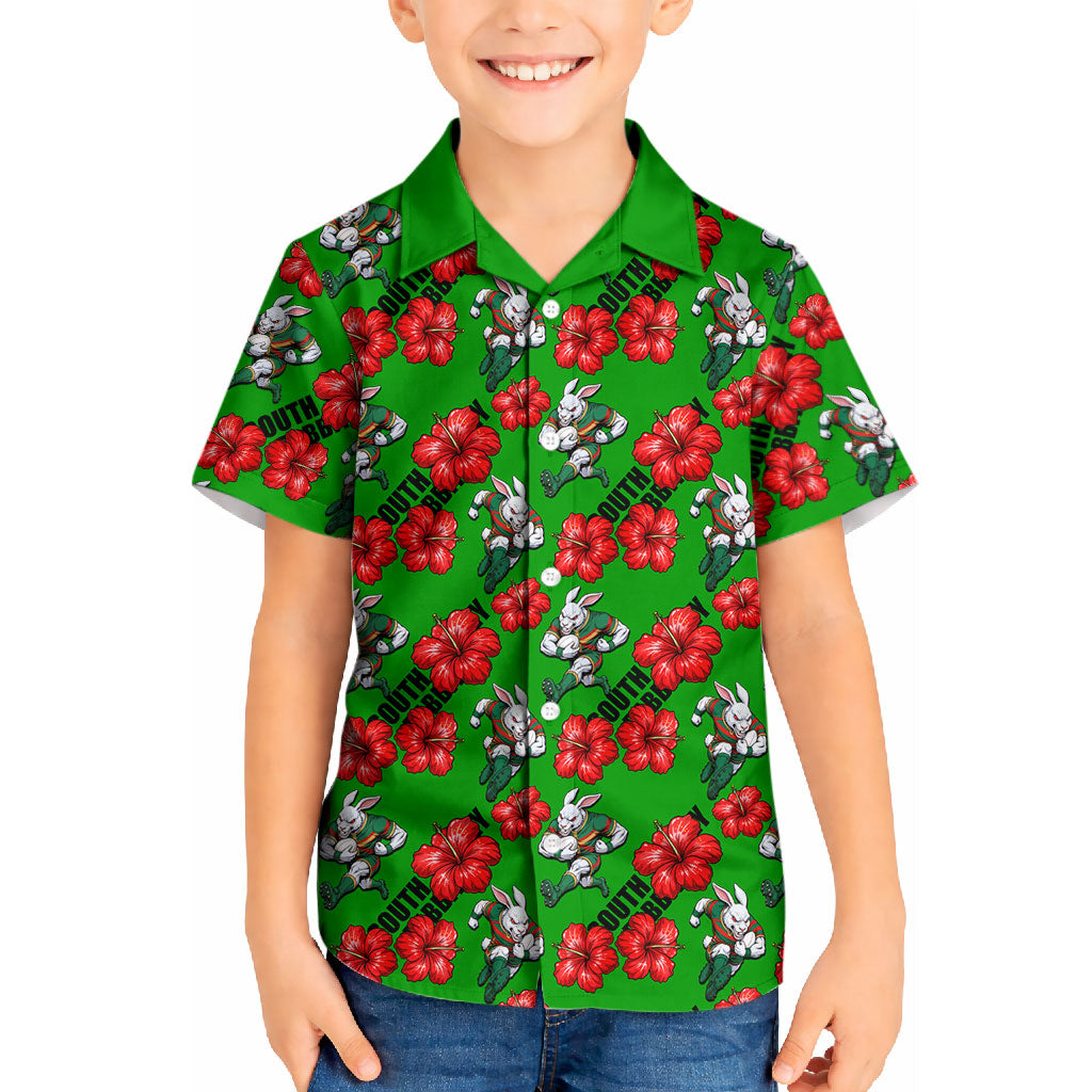 South Sydney Rabbitohs Kid Hawaiian Shirt Tropical Hibiscus Floral Seamless Rugby Mascot